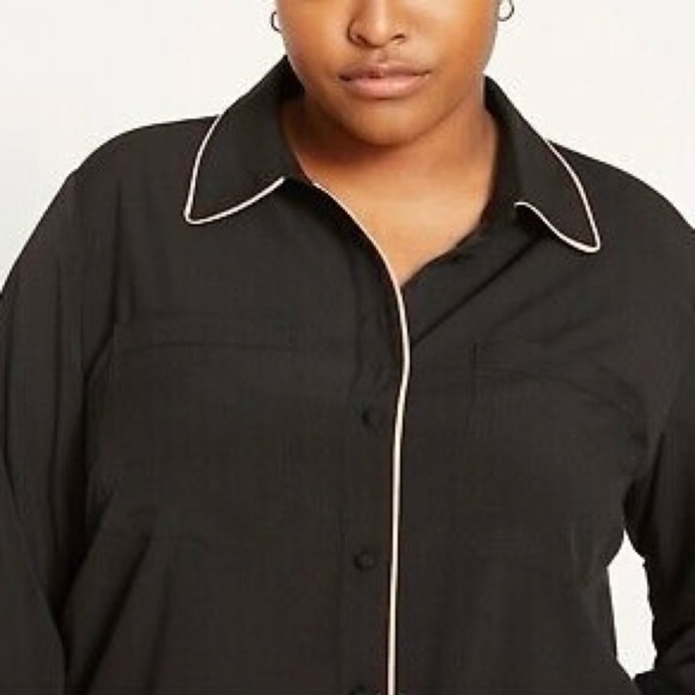 Universal Standard black button down blouse with peach trim
